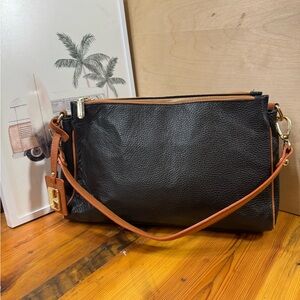 Valentina made Italy Black Shoulder Bag with Tan Strap